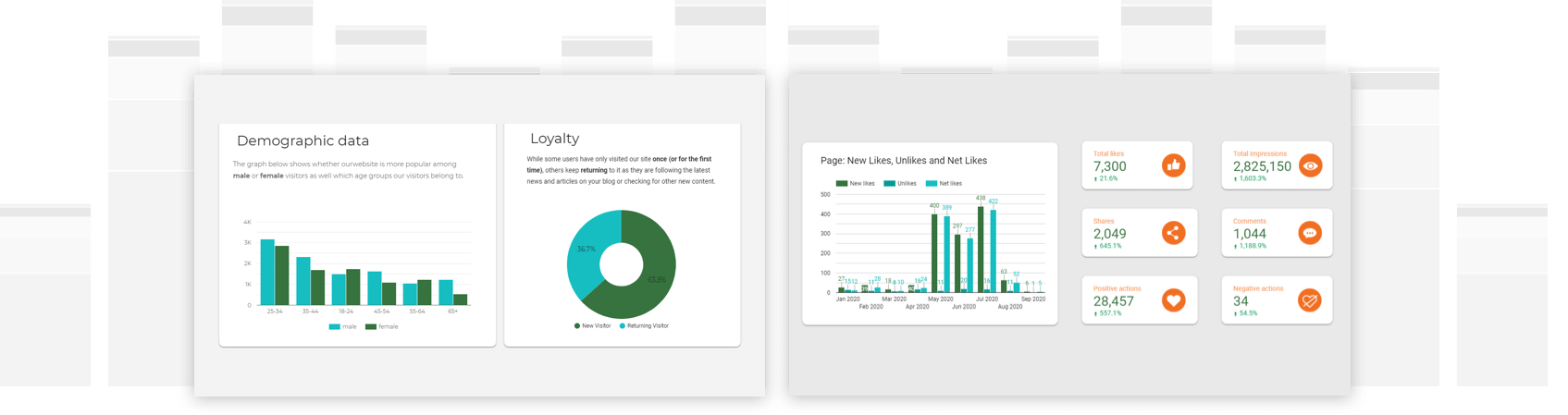 Number of likes on Facebook and daily overview of website traffic in a Google Data Studio report.