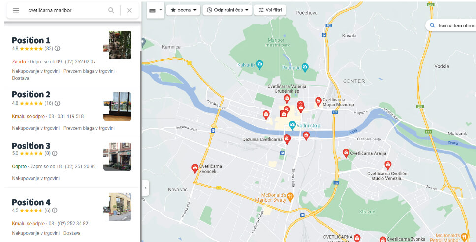 Search results for the keyword "cvetličarna maribor" in Google maps.