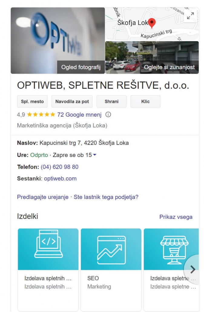 Optimiziran Google My Business račun za Optiweb d.o.o.
